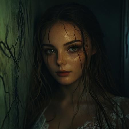 ((((novuschroma style a liminal room, eerie feeling))), in disrepair, (uperbody in view, face focus), a beautiful sad girl wearing a lace gown levitates in the middle of the room, glowing skin and hair, ((((her shadow on the wall form blurry horror figures, harsh spot light, contrasting shadows)))), black liquids pools on the floor , luminous old luma photo, grainy film effect, konica minolta zoom 60, grainy photo, <lora:116_novuschroma_1:1>, <lora:sdxl_lightning_8step_lora:1>