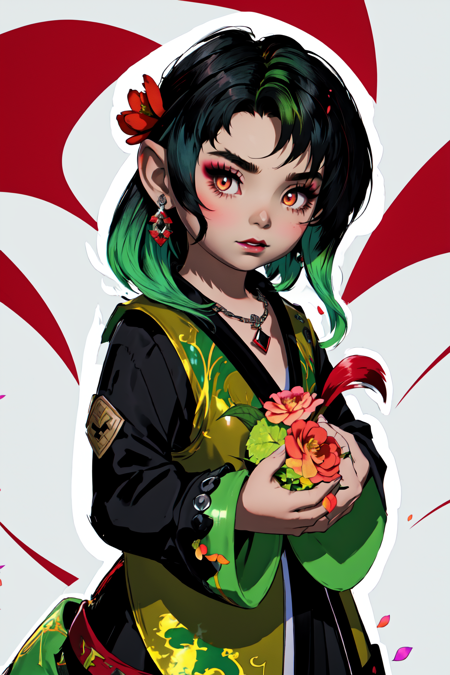 LalaTater, Niji Slime, Contrast Pop Art, cel shading, Anime style,  chibi, 1girl, solo, looking at viewer, black hair, green hair, flames, subsurface scatterting, (zentangle:0.2), specular highlights, smoke, embers,  hair ornament, long sleeves, horror, poltergeist vibes, neon colors, muilticolored hair, two-tone hair, dress, large breasts, holding, brown eyes, jewelry, upper body, flower, earrings, hair flower, wide sleeves, necklace, petals, makeup, rose, chinese clothes, lipstick, black background, red flower, gem, holding flower, red lips<lora:LalaTater_LoRa:0.8> <lora:Niji_Slime:0.5> <lora:Contrastv2:0.2>