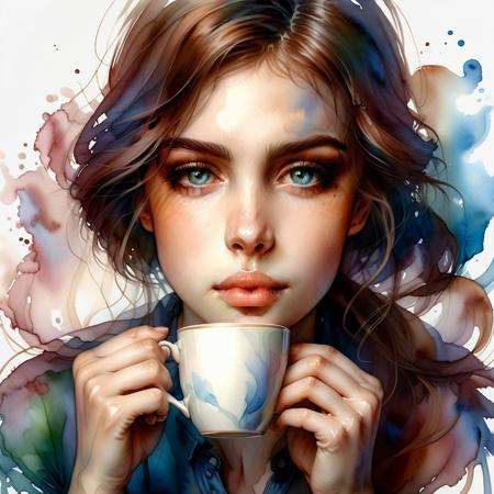 Ultra realistic color pencil  image of
Digital painting of a young woman with loosely tied hair, holding a steaming cup of coffee close to her face. The style is delicate and watercolor-like, with soft, intricate details and a pastel color palette. The woman has a peaceful, contemplative expression, with wisps of steam rising from the cup. The background is light and abstract, complementing the serene and cozy atmosphere of the scene. Dominant color is brown in entire image.
ral-wtrclr,
BREAK
 Deep dark intense maroon-brown blue misty background
Dark theme, dynamic lighting, (soft shadows), (soft focus), (photo realistic), uhd, 8k