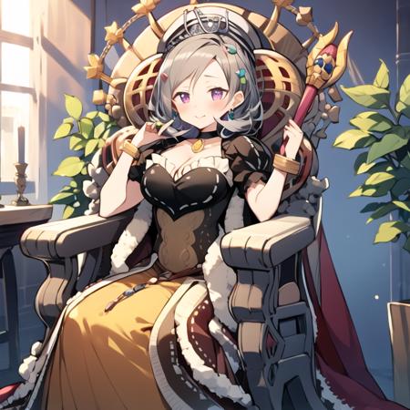 QueenTiaramisu blue eyes, large breasts, cleavage, jewelry, grey hair, heart-shaped pupils, duel monster dress, heart, food, choker, high heels, bracelet, fruit, crown, staff, brown dress, puffy sleeves, puffy short sleeves throne, holding, scepter, holding scepter