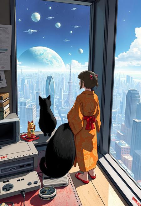 Jiji the cat from Kiki's Delivery Service sits on a cluttered metal riveted desk next to a maneki neko statue and a small Nintendo NES, Jiji is looking out of a floor to ceiling window that looks out at a very high view from an apartment on the 300th floor of a futuristic Tokyo skyscraper, the year is 2250, The city has thousands of enormous skyscrapers and space ships in the sky, (((Kiki from Kiki's Delivery Service, 20 years old, is standing next to the cat looking out at planet below))), Kiki is dressed in an ornate Japanese style bath robe.  The woman's hair is messy from just waking up and tied up with a ribbon. Artistic cyberpunk, dynamic perspective, The focus is on Jiji and Kiki standing together looking out the window at the view together,