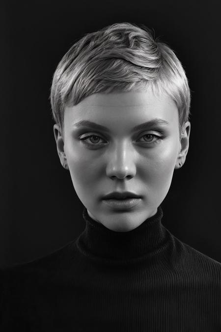ninahnizdo, woman, makeup, lipstick, highly detailed, realistic,  very short hair, high fashion, cinematic, art portrait, turtleneck sweater, monochrome,
 <lora:NinaHnizdoSD_v1:0.8>