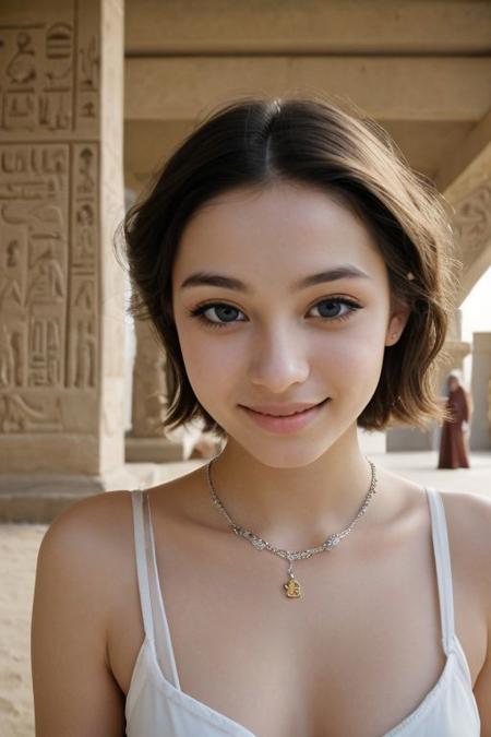 photograph of two cute girls standing in an Egyptian pyramid, surround by Hieroglyphs, wearing Egyptian outfits, (pale skin:1.4), , standing, Cleopatra look alike, innocent, Porta 160 color, shot on ARRI ALEXA 65, bokeh, sharp focus on subject, small breast, small chest, blonde,  raw photo, sensual, happy, bottomless,
film grain, medium shot, , happy, blue eyes, facial expression, two females , Egyptian-Style Jewelry, amulets and charms, Egyptian-Style Makeup, Extend the eyeliner past the outer corner of your eye lid by about 1 D2 inch