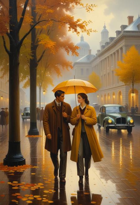 An academic painting in the style of classical realism, depicting a warm autumnal wet rainy scene with romanticized figures. The earthy and cozy atmosphere features soft, luminous brushwork, balanced composition, idealized beauty, neoclassical elegance, and a rich color palette depicting drizzling rain and reflective surfaces.
