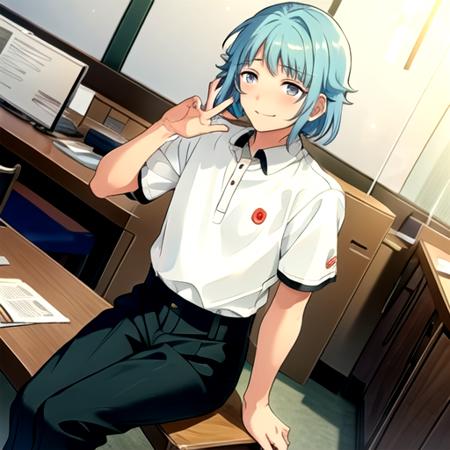 <lora:HajimeES-08:0.8>, hajimees, looking at viewer, blush, smile, shirt, sitting, school uniform, white shirt, short sleeves, food, collared shirt, pants, chair, lens flare