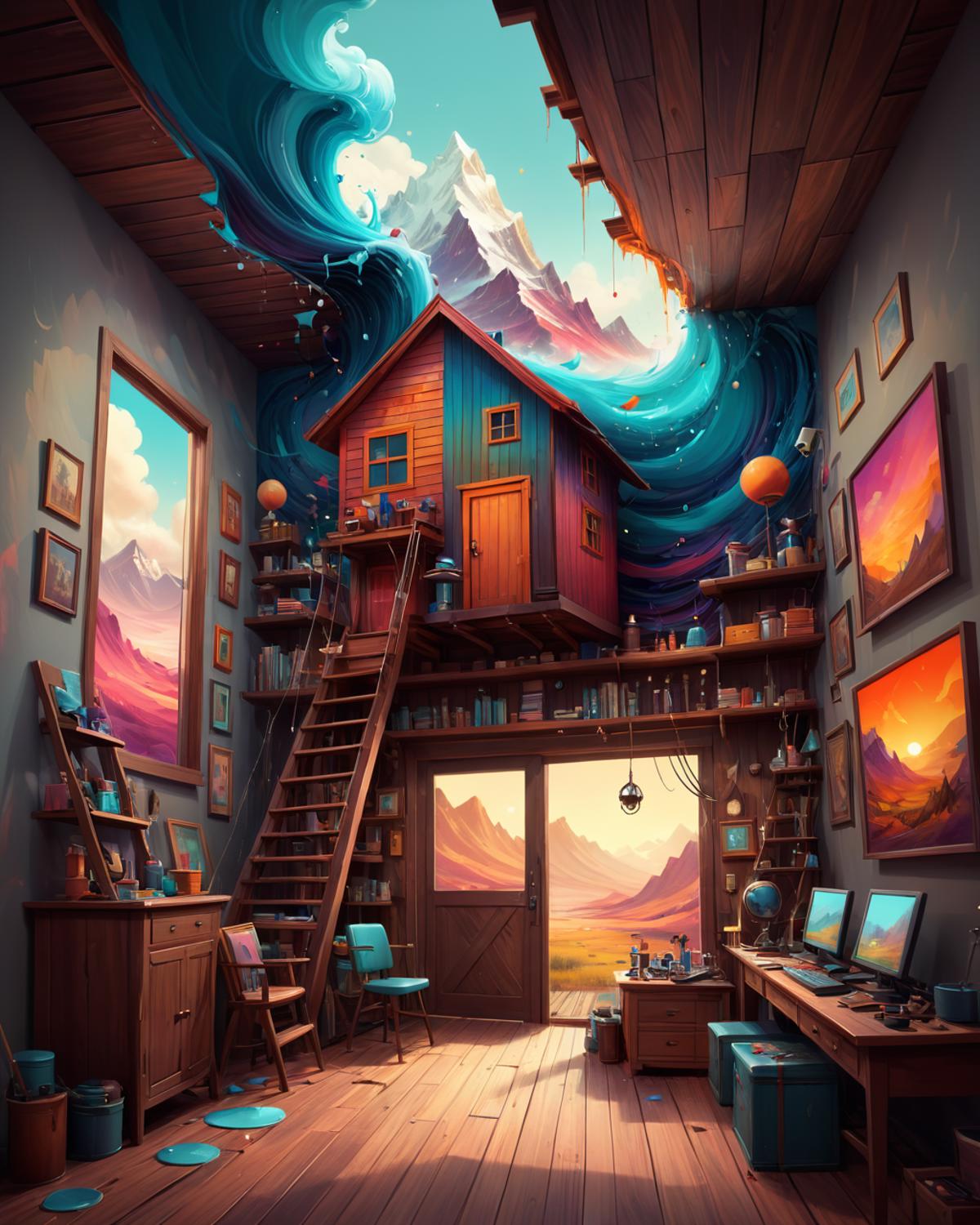 A colorful room with a painting of a house, a staircase, and a computer desk with a keyboard.