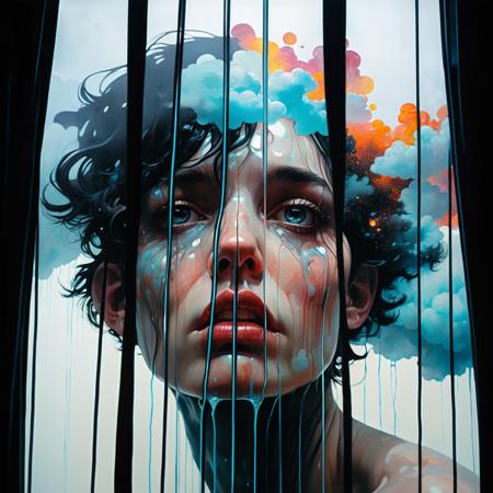 the inner strange is hidden behind curtains of failure and fear by Conrad Roset, Brandon Kidwell, Andreas Lie, Dan Mountford, Agnes Cecile, Jeremy Mann, oil and ink canvas, fine art, super dramatic light, amazing depth, hyperdetailed, iridescent water, misty clouds with intense electric energy, masterwork by head of prompt engineering <lora:add-detail-xl:1.3>