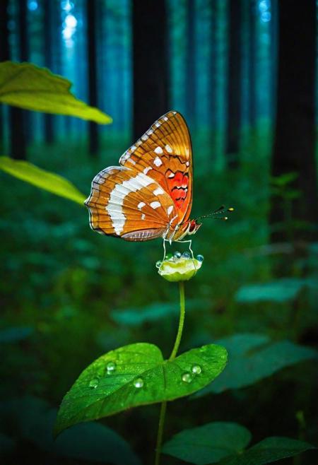Create an awe-inspiring masterpiece of extraordinary quality, showcasing hyper-detailed and ultra-high-definition imagery with a remarkable depth of field. Visualize a scene set in a magical forest at night, where the air is filled with a gentle fog. Amidst this enchanting setting, focus on a stunningly detailed butterfly, with wings that have an intricate pattern, as it gently parks itself on a vibrant red floret.The surrounding forest is alive with the soft glow of fireflies, adding a magical ambiance. On one side of the scene, there's a mysterious darkness, contrasting with the glowing elements around. Pay special attention to the lighting, with dazzling light effects set at a 1.2 intensity, casting ethereal reflections and creating a mystical atmosphere.The butterfly, along with the floret and nearby foliage, should have transparent and polished textures, reminiscent of the rare and beautiful ral-ntrgmstn mineral. These elements should gleam subtly in the ambient light. Additionally, capture the fresh essence of the forest right after a rain, with tiny, glistening water droplets delicately clinging to the butterfly and the petals of the floret, reflecting the surrounding magical lights.
The overall image should be a breathtaking blend of realism and fantasy, with vibrant colors and intricate details that bring this magical, nocturnal forest scene to life