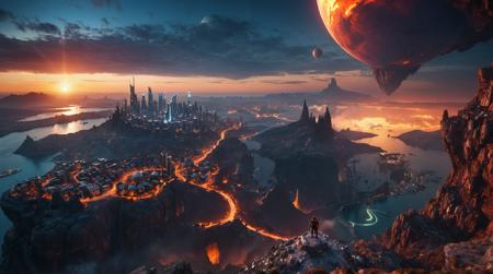 (8k, RAW photo, best quality, masterpiece:1.2), (digital art:1.37),A bird's-eye view of a futuristic city with a giant venus  in the background, a man standing on top of a rocky cliff, complementary color,sci-fi, unreal engine 5, Magma, masterpiece, best quality <lora:xl_more_art-full_v1:0.9>