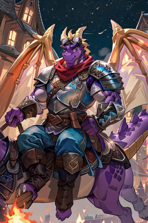 (high quality), ((spyro, dragon wings, anthro), solo, male focus, goggles, goggles on head, red bandana around the neck, (big eyes:1.2)) muscular, bodybuilder,  thick muscles, bulky muscles, hyper biceps, biceps, thick arms, thick thighs, huge thighs, thighs, huge legs, thick legs, extremely huge muscular pectorals, large pectorals, manly, smiling, (horse，riding，horseback_riding,knight), (wearing cavalier armor, blue outfit:1.2), detailed face, detailed eyes, detailed body, front full body view, digital art, (fantasy rpg city)