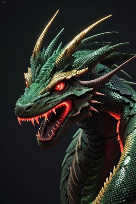 Asian dragon , green, red, gold snake gradient vibrant neon colour, rough, textural, broad brush strokes, red color prominent detailed, alienzkin, silhouette, spotlight, dark theme, c4d, blender, raytracing, unreal engine 5, render 3d, face close up,  from above,