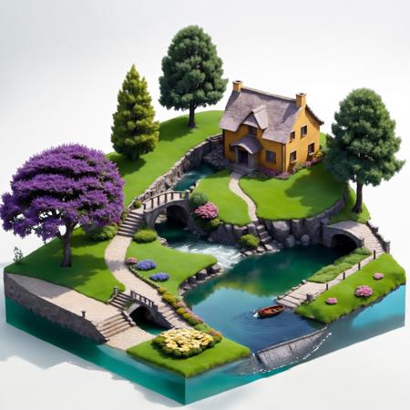 (8k, RAW photo, best quality, masterpiece:1.3), <lora:sdxl_loha_miniature2_v2-000080:0.8>, realistic, miniature, isometric, landscape, mini\(ttp\), no humans, house, flower, grass, tree, water, scenery, outdoors, building, bridge, river, boat, bush, watercraft, window, white background, traditional media, stairs, chimney, garden, plant, simple background, fence, pond, nature, purple flower, architecture