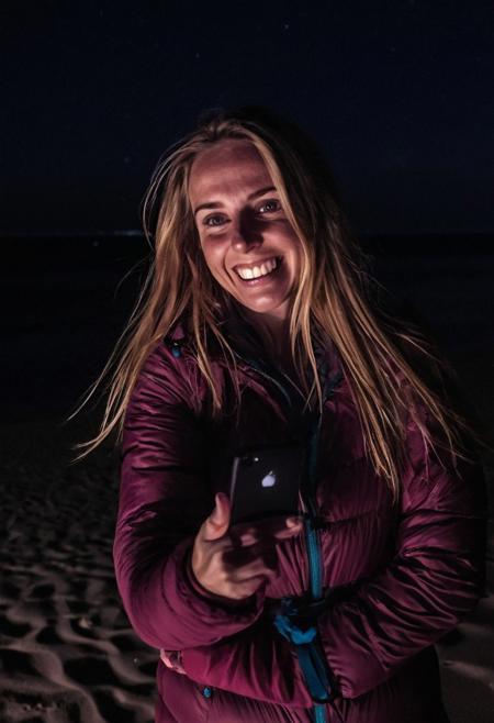 girl at night on the beach, iphone selfie, dressed for trekking, winter, laughing, at night, very dark, infrared photography, without flash, grainy, ((motion blur)), blurry,  walking