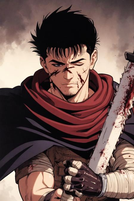 guts \(berserk\), solo, short hair, black hair, gloves, 1boy, holding, closed mouth, closed eyes, upper body, weapon, male focus, one eye closed, sword, fingerless gloves, cape, holding weapon, armor, torn clothes, blood, scar, bandages, holding sword, thick eyebrows, spiked hair, shoulder armor, cloak, scar on face, injury, blood on face, bandaged arm, black cape, blood on clothes, huge weapon, blood on weapon, cuts, bandaged hand, scar on nose