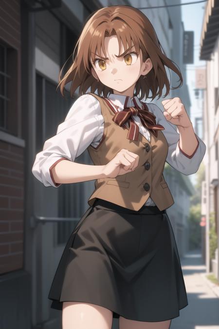 <lora:mitsuzuri-000016:1> mitsuzuri, homurahara academy school uniform, vest, brown vest, black skirt,
1girl, solo, alley, fighting stance, serious