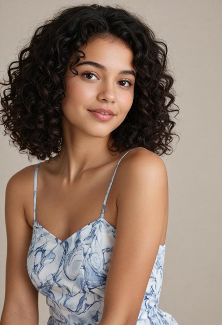 creat a confident and stylish young woman with voluminous, shoulder-length natural black curls, warm tan skin, soft facial features, and a beauty mark near her lips. She is wearing a silky, blue-and-white marble-pattern dress with thin straps. She looks directly at the camera with a subtle, playful smirk. The lighting is soft and warm, highlighting her facial features and skin tone. The background is clean and minimal — solid light beige or soft off-white, studio-style, with no distractions. Portrait orientation, upper body in frame. Elegant, modern, lifestyle-influencer aesthetic.