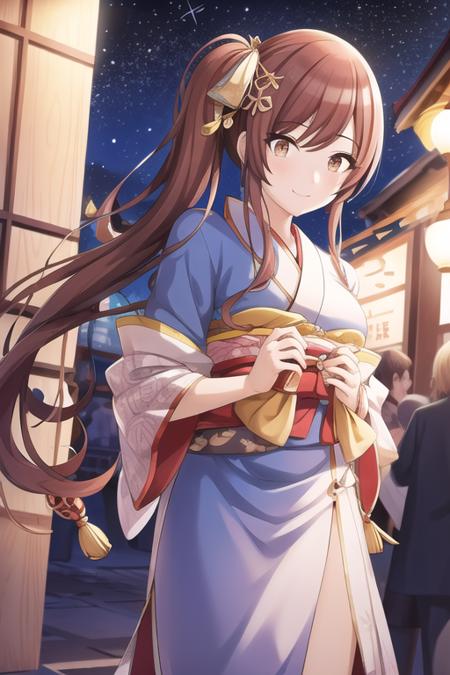 masterpiece, high quality, 1 girl, Ohsaki Amana, medium breasts, long hair, side ponytail, kimono, long kimono, starry sky, smile, closed mouth, natsu matsuri, stall, 
<lora:OhsakiAmanaV2-08:0.8>