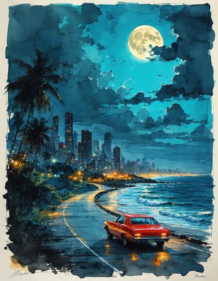 Ink art, watercolour washes, charcoal shadows: colorful illustration of a cityscape at night, featuring a red car driving along a winding road near the ocean. The cityscape is illuminated by bright lights, with tall buildings, skyscrapers, and a full moon in the sky. The road is lined with palm trees and other greenery, and the ocean stretches out to the left. The sky is filled with dark clouds, adding to the nighttime atmosphere. The art style is reminiscent of comic book art, with bold lines and bright colors. The car is positioned in the center of the image, with the cityscape stretching out behind it. Translucent watercolour bleeds, matte paper.