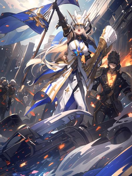 masterpiece,best quality,highres,cinematic lighting,dramatic angle,1girl,<lora:ShadowverseHolySaberV16-000029:0.8:lbw=jiangshi3>,alternative2, hair ornament,ponytail,ribbon,glowing,serious,shaded face,white armor,white and blue dress,,white helmet,covered eyes,eyes covered,looking at viewer,dynamic angle,fire,depth of field,cowboy shot,holding shield,<lora:flat2:-0.25> ,from random point of view,close-up,open mouth,holding flag,liberty leading the people, black pants,pelvic curtain,corpse,piles of corpses