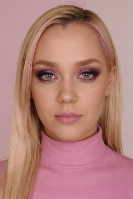 Portrait closeup photo of ann3tt3schw4rz, pink turtleneck blouse, in a bedroom, detailed face, makeup, smiling