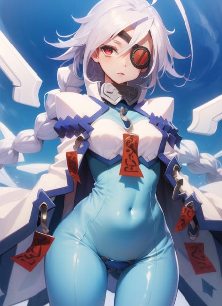 (masterpiece, best quality, high resolution),cowboy shot, 1girl, nu13ms, eyepatch, bodysuit, cape, mecha musume, crotch plate,  <lora:Nu13MS:1>