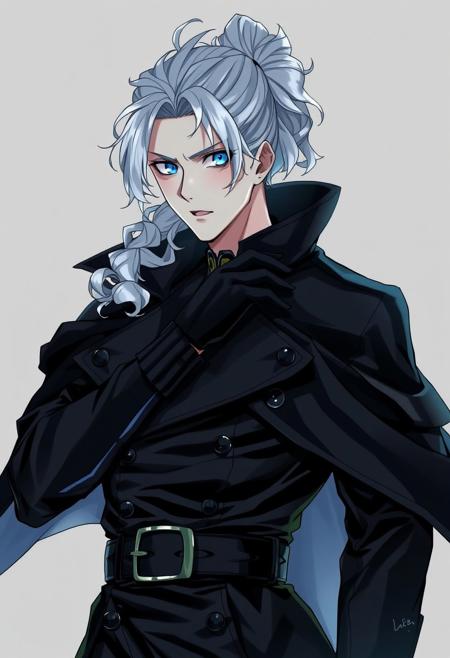 A mature male character with striking blue eyes and long, curly white hair styled in a ponytail. He has pale skin and wears black gloves, vambraces, and a detailed belt. His outfit includes a dramatic black trenchcoat with a capelet draped over his shoulders, exuding a dark and mysterious aura. The scene is set in a low-light, dark-themed environment with a simple grey background. The style is semi-realistic with subtle anime influences, emphasizing sharp details and a dynamic yet grounded presence. Anime semi-realistic comic gothic style.