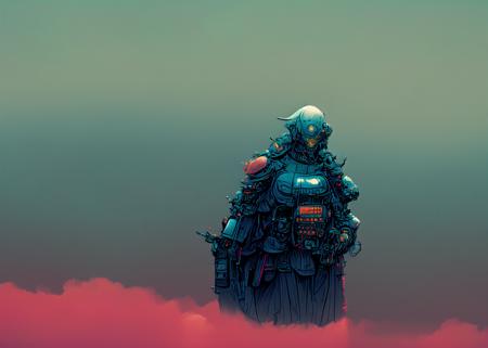 textless, wide shot, background ocean of clouds, CyberRonin, (Cyber-Samurai:1.2)