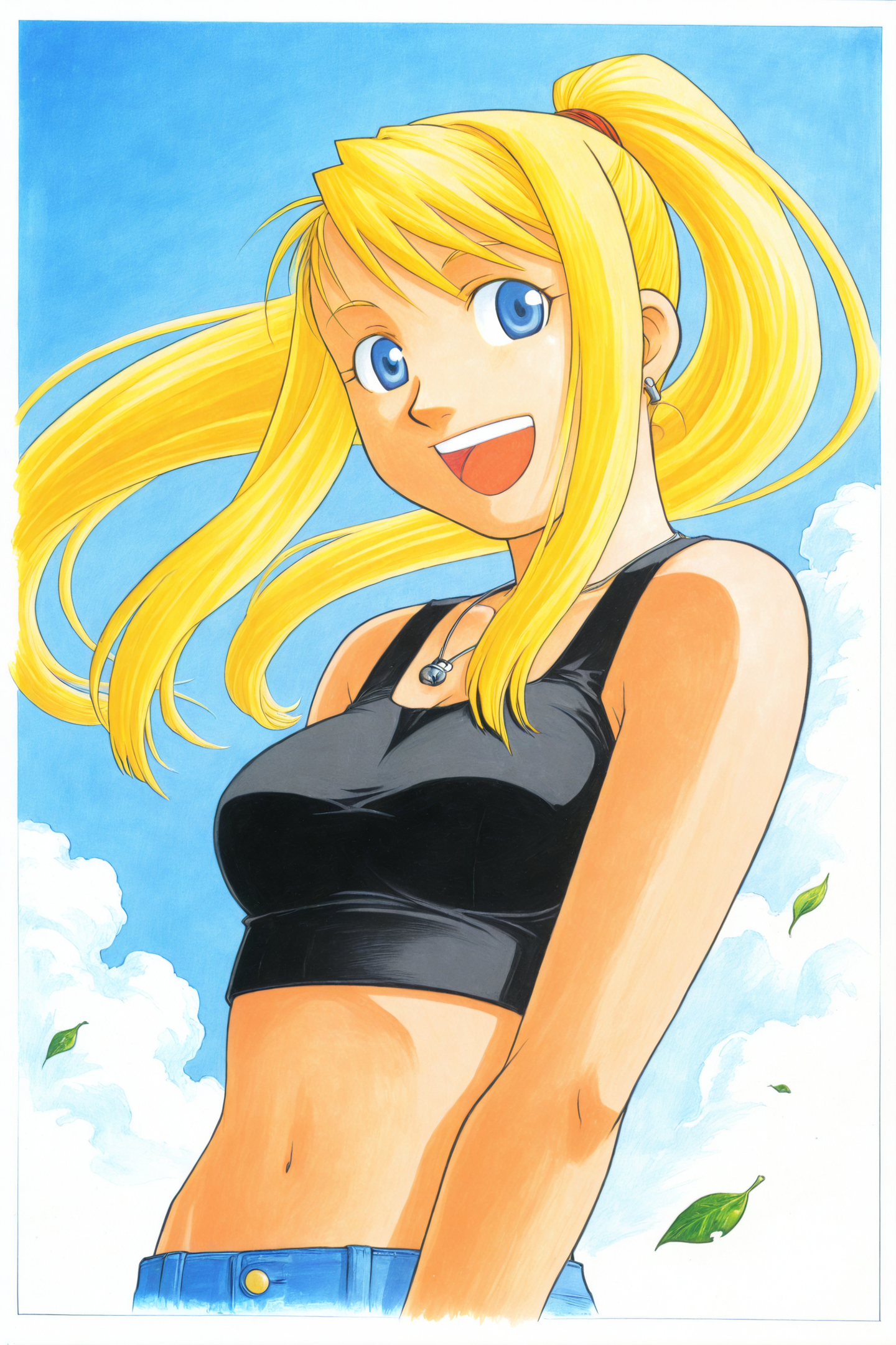 A young woman with blue eyes, bright blonde hair styled in a high ponytail, and an open-mouthed smile standing with her body slightly turned, with her long hair blowing in the wind. She is wearing a black sleeveless crop top, blue jeans, a silver necklace with a round pendant, and a small hoop earring. The background is a bright blue sky with puffy white clouds, and several green leaves blowing in the wind around her.