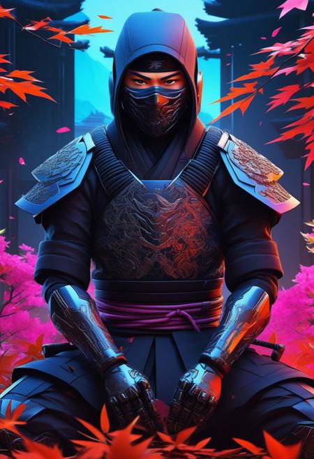 fcNeg, Create a captivating and high-quality digital illustration featuring a mysterious and powerful ninja-like character, inspired by Omen from the popular game Valorant. The character should be depicted sitting calmly in the center of a pile of leaves, with a fractal cyborg ninja background that highlights his cybernetic enhancements and futuristic technology.
The illustration should emphasize the character's mystic and enigmatic nature, showcasing the intricate details of his cybernetic enhancements and the futuristic technology embedded in his body. Use a combination of vibrant and muted colors to create a striking contrast between the character and his background, highlighting his presence and power.
The overall design should capture the intrigue and mystery of this ninja character, showcasing him as a powerful and enigmatic figure who embodies the essence of the shinobi and ronin traditions. The illustration should serve as a tribute to the popularity and fan following of Omen and the world of Valorant, inviting viewers to explore and appreciate the character's unique blend of mysticism and technology.