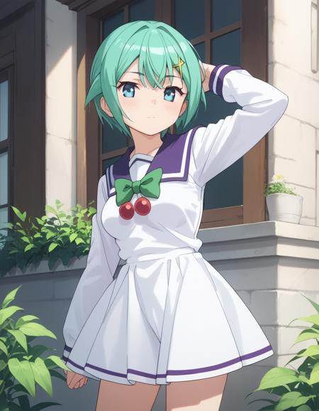 nine_violet, short hair, blue eyes, green hair, aqua eyes, medium breasts, aqua hair, hair ornament underboob, shorts, midriff, purple thighhighs, white white shorts, navel, boots, short shorts, gloves,  maid headdress, maid, apron school uniform, white dress, green bow, serafuku, ribbon, pantyhose