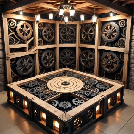 a labyrinth constructed from shifting gear platforms, walls moving on timed rotations, floor panels spinning to reveal hidden stairs, lanterns powered by ticking mainsprings, entire structure recalibrating with mechanical pulses, g3ars, made out of gears