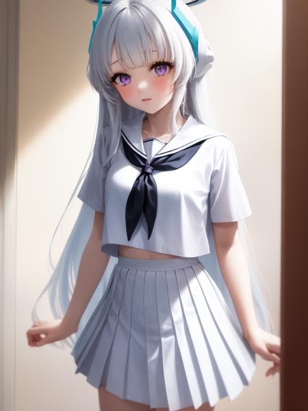 (white serafuku:1.4), 1girl, solo, standing, (neckerchief:1.1), white hair, purple eyes, short sleeves, pleated skirt, (white skirt:1.2), long skirt, indoors, very long hair, halo,