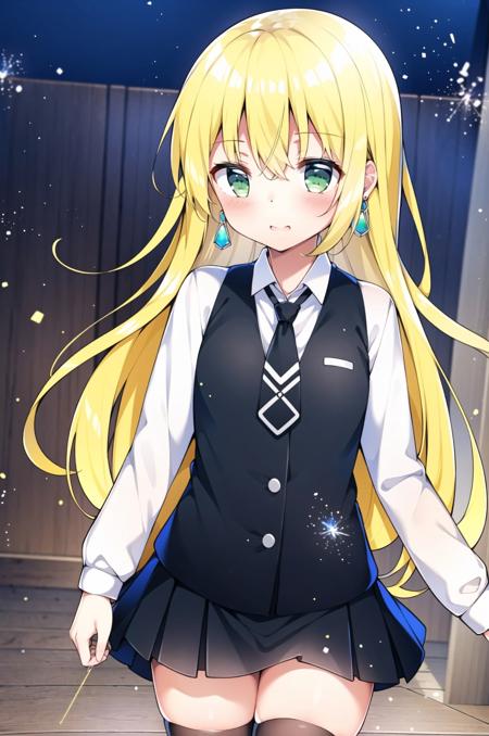 1girl, solo, long hair, skirt, necktie, green eyes, jewelry, earrings, shirt, white shirt, pleated skirt, thighhighs, long sleeves, black necktie, collarbone, blonde hair, black skirt, collared shirt, miniskirt, dress shirt, bangs, white thighhighs, light particles, hair between eyes, standing, cowboy shot, string, (masterpiece,best quality)