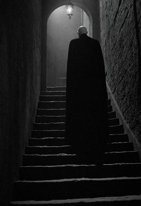 cinematic, ((black and white, monochrome, greyscale)), side view, The year is 1922 and as you sleep in your chambers, a malevolent force creeps up the stairs towards you. This entity has had many names over the years but the one being used for it tonight is Nosferatu. Ugly and twisted, it desires nothing but blood and tonight, it shall feast. noise, detailed, high quality, cinematic lighting, contrast, heavy dynamic shadows, atmospheric,