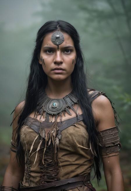 Close Up shot of  Pocahontas from the ancient native tale as a princess warrior, she IS a very beautiful girl, long black  hair, beautiful, ancient native indian tribal armour, dirt brown clothes, wind, at night, fog, mist, Green forest at the background, National Geographic photography awarded masterpiece