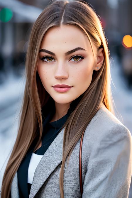 professional portrait photograph of nadiajemez in winter clothing, beautiful face, cute natural makeup, freckles, wearing elegant dress, fashion clothing, ((standing outside in snowy city street)), stunning modern urban upscale environment, ultra realistic, concept art, elegant, highly detailed, intricate, sharp focus, depth of field, f/1. 8, 85mm, medium shot, mid shot, (centered image composition), (professionally color graded), ((bright soft diffused light)), volumetric fog, trending on instagram, trending on tumblr, hdr 4k, 8k, (closeup portrait:1.2)