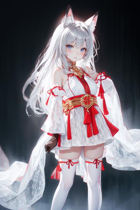 1girl,hutao,silver,white thighhighs,animal ears, detached sleeves,