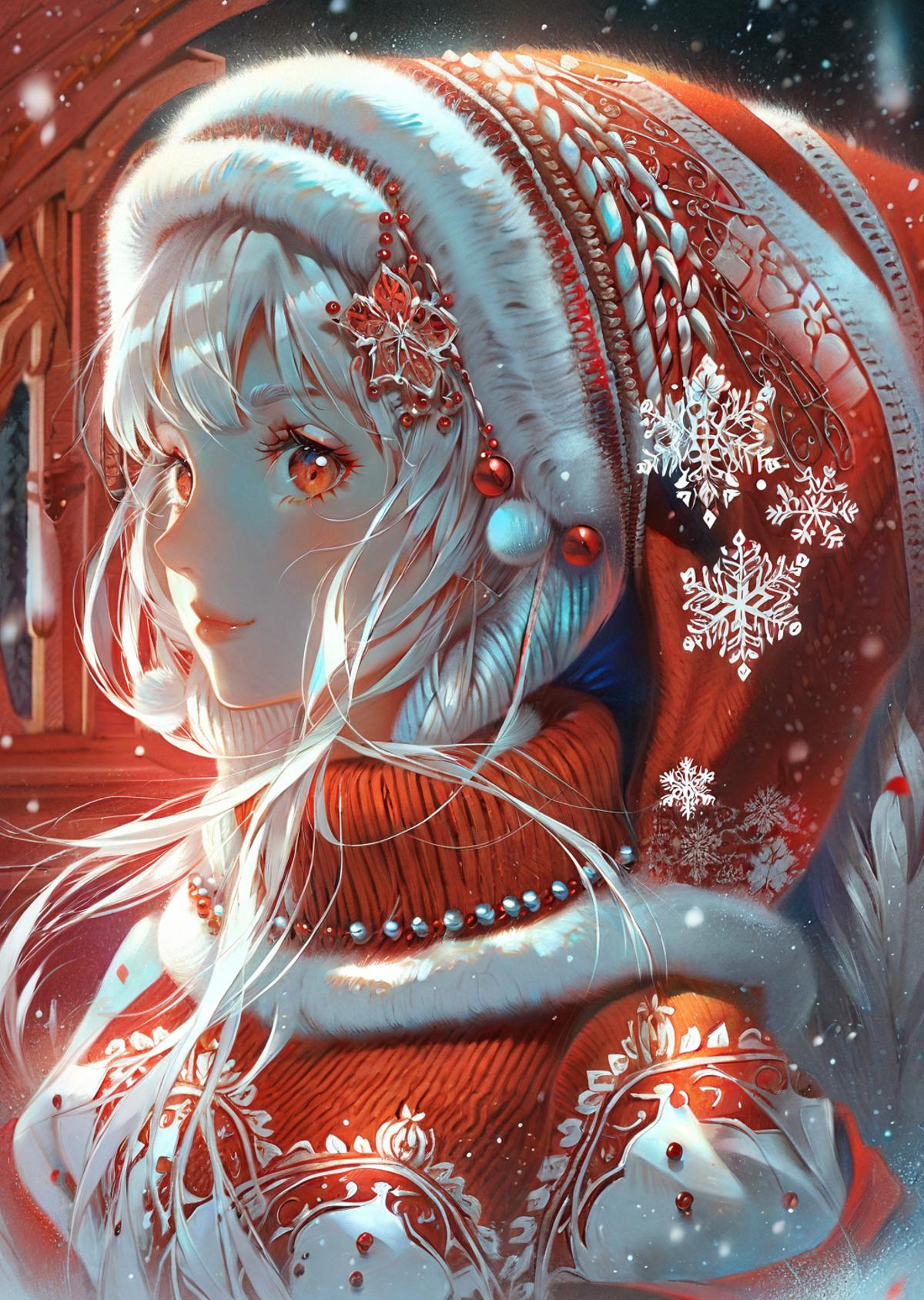 A beautifully illustrated image of a girl in a Santa hat.