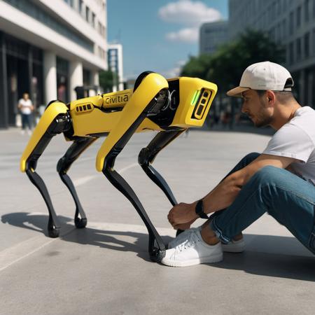 cinematic photo a man kneeling down petting a yellow robot dog on a sidewalk , ((text ''CIVITAI''))<lora:Spot1024-000420:0.8> . 35mm photograph, film, bokeh, professional, 4k, highly detailed