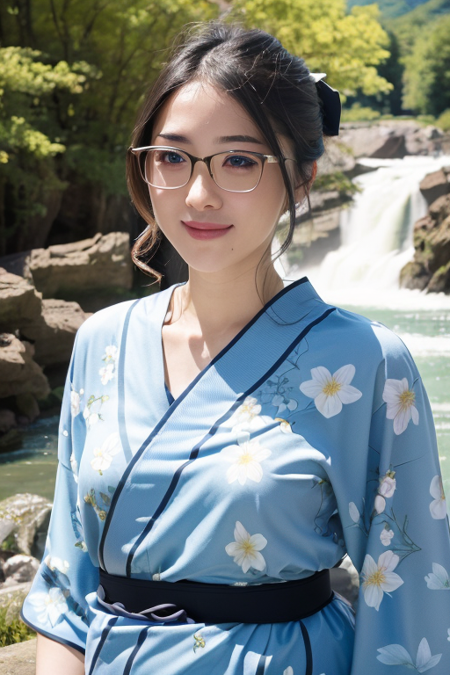 1girl,(wearing a gorgeous yukata with floral pattern:1.3),(in the countryside in Japan),(river and waterfall in the background:1.3),(forest scenery:1.2),greeneries and fresh nature,(RAW photo, best quality), (realistic, photo-realistic:1.4), masterpiece, an extremely delicate and beautiful, extremely detailed, 2k wallpaper, Amazing, finely detail, extremely detailed CG unity 8k wallpaper, ultra-detailed, highres, soft light, beautiful detailed girl, extremely detailed eyes and face, beautiful detailed nose, beautiful detailed eyes,cinematic lighting,perfect anatomy,slender body,(hair flowing by wind),bokeh,instagram beauty filter,dynamic angle,instagram beautify filter,flawless skin,(smiling),(wearing glasses:1.2)