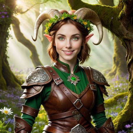 <lora:FaeTastic:0.3> (:1.3) photo of a shocked smiling 28 year old beautiful (Dutch elf woman with Green eyes and pale skin:1.3), Short straight (brown hair:1.3). She is young, slender with (large breasts:1.3), (small goat horns:1.5), (small symmetric nose:1.3), big beautiful eyes, full lips, Full eyebrows, (perfect teeth), (perfect hands), glossy lips, eyeliner, eyeshadow. She is wearing (brown leather ranger armor and bracers:1.3), (leaf and flower crown). She is standing, leaning against a tree in a (magical enchanted:1.3) meadow, moss and flowers in the background. (Magical fae fantasy style:1.5). Outside, noon, sunshine, cinematic lighting, vibrant colors, detailed skin texture, detailed cloth texture, beautiful detailed face, intricate sharp details, ultra high res.