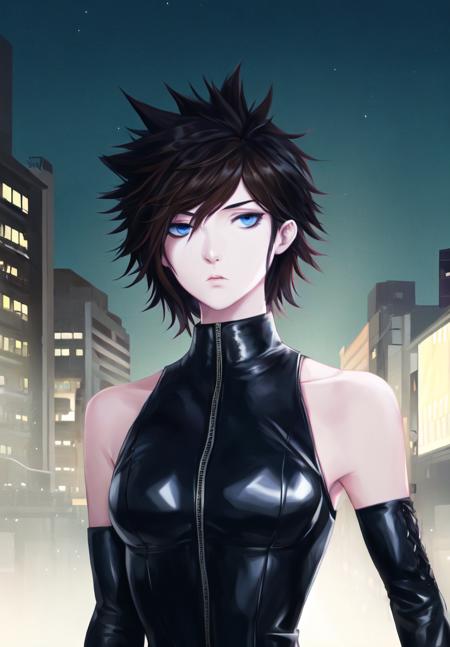 masterpiece, best quality, 1girl, solo, bare shoulders, looking at viewer, upper body, closed mouth, collarbone, sidelocks, detached sleeves, expressionless, leather jacket, leather pants, leather gloves, black clothes, (leather suit:1.1), fluffy, messy hair, spiked hair, shiny clothes, bdsm, black skin, dark, dark background, short hair, messy hair, brown hair, night, city, medium breasts, mature woman, gothic, spikes, biker clothes, bikesuit, blue eyes, street, motorcycle, on motorcycle,<lora:zeronis style:0.8>, zeronis style