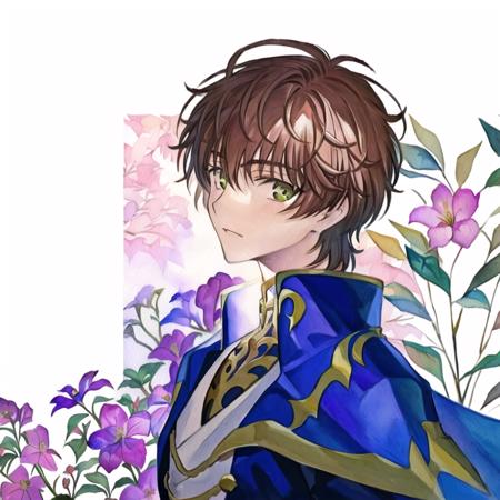 Botanical illustration, masterpiece, best quality, extremely detailed,
watercolor, masterpiece, best quality, extremely detailed, 1boy, solo, upper body, suzaku_R2, looking at viewer,  (Botanical illustration:1.5), blue_cape,