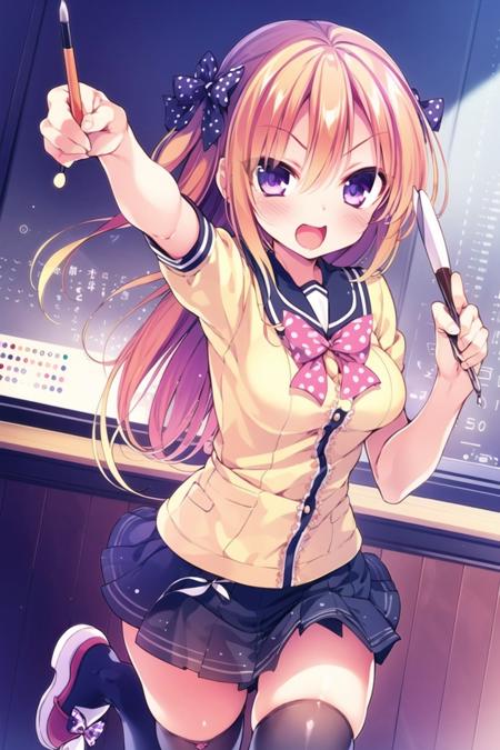 1girl, sakura chiyo, solo, polka dot bow, purple eyes, thighhighs, bow, polka dot, hair bow, long hair, open mouth, school uniform, skirt, black thighhighs, orange hair, paintbrush, pencil, zettai ryouiki, eraser, ruler, shoes, outstretched hand, pleated skirt