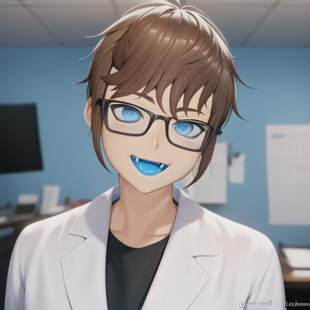 Masterpiece, Best Quality, ArnasAtakiyo, solo, looking at viewer, smile, short hair, open mouth, blue eyes, brown hair, shirt, 1boy, upper body, male focus, heart, glasses, teeth, indoors, blurry, black shirt, blurry background, fangs, watermark, black-framed eyewear, labcoat, colored tongue, blue tongue, best quality face, beautiful eyes