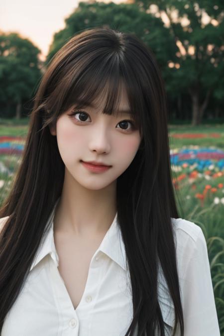 HDR,UHD,8K,Highly detailed,best quality,masterpiece,ultra-fine painting,extreme detail description,1girl,upper body,Side-swept bangs,Black hair,large breasts,Slight head tilt pose,tallit,metallic luster,Wide-angle,Sony A7R IV + 12-24mm f/2.8 lens,dusk,flowers meadows,looking at viewer, <lora:qhly:0.6>