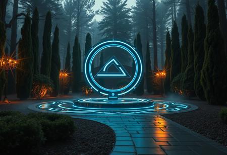“A cinematic, high-tech reinterpretation of the Algiz rune set within an Italian-inspired forest scene, captured with a Sony prime lens for sharp clarity and rich tonal contrast. The Algiz symbol is now an ultra-modern, metallic structure, glowing in sleek, neon blue and white LED lines that pulse with a soft hum. It stands amidst carefully manicured cypress trees and polished stone pathways, reminiscent of Italian landscape design. The symbol’s reflective surface mirrors the surrounding lights, casting a web of intricate, high-tech patterns across the ground and nearby trees. Warm, sophisticated lighting illuminates the scene from below, reminiscent of Italian architectural lighting that highlights each curve and line of the structure with precision. Floating holographic panels and glowing symbols hover in the air, lending an advanced, almost futuristic Italian flair. Mist rolls softly through, blending classic Italian elegance with cutting-edge technology, resulting in an atmosphere that feels both mystical and avant-garde, alive with layers of refined light.”