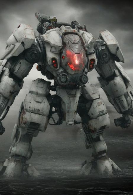 Pacific Rim Deathwing, Giant Mecha, Streamlined design, in the eye of a deep sea storm, dark atmosphere, Humanoid bionic technology, very realistic photography, mecha, robot, Overwatch, white and gray armor with red accents, streamlined combat mecha, 
hydraulic joints with exposed gears, dynamic combat pose, 
cinematic details, 8k resolution, sci-fi military design,