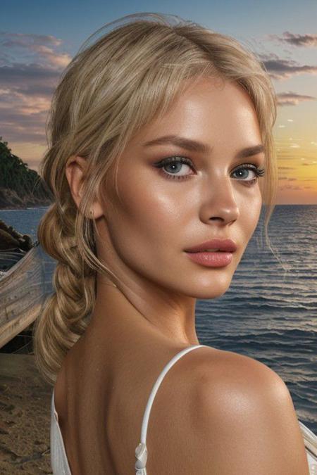 A photorealistic portrait of <lora:slsophieV2:0.6> slsophie, braided hair, (closeup upper body portrait, award winning professional photo, beautiful, prettified, lip filler, detailed face, detailed eyes, narrow oval face, tanned skin, feminine features:1.2), huge round breasts,  natural bowed brows, cosplaying a pirate, having a crow perching on her shoulder, looking aside, smile, detailed skin texture, elegant, highly detailed, sharp focus, ((epic scenery, masterpiece, dramatic lights, epic composition)), insane details, intricate details, hyperdetailed, exposure blend, hdr, faded, tropical beach, sea, boats, waves, sunset