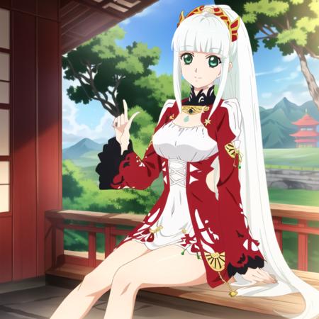 lailah (tales), 1girl, solo, (white hair:1.4), long hair, ponytail, bangs, (green eyes:1.2), blunt bangs, hairband, sidelocks, hair ornament, narrow waist, slim waist, looking at viewer, red dress, east asian architecture, highres, absurdres, (outstretched hand:1.2, hand on own chest), big eyes, sitting on desk, (from below:1.4), feet out of frame, photorealistic